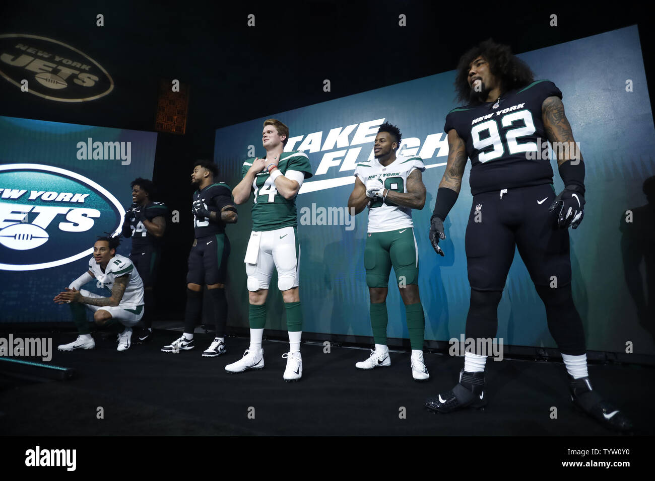 New York Jets quarterback Sam Darnold (14) models the new Jets NFL football uniforms with teammates when the New York Jets host a Uniform Launch Event at Gotham Hall in New York City on April 4, 2019. This is the first New York Jets overhaul of its uniforms since 1998.         Photo by John Angelillo/UPI Stock Photo