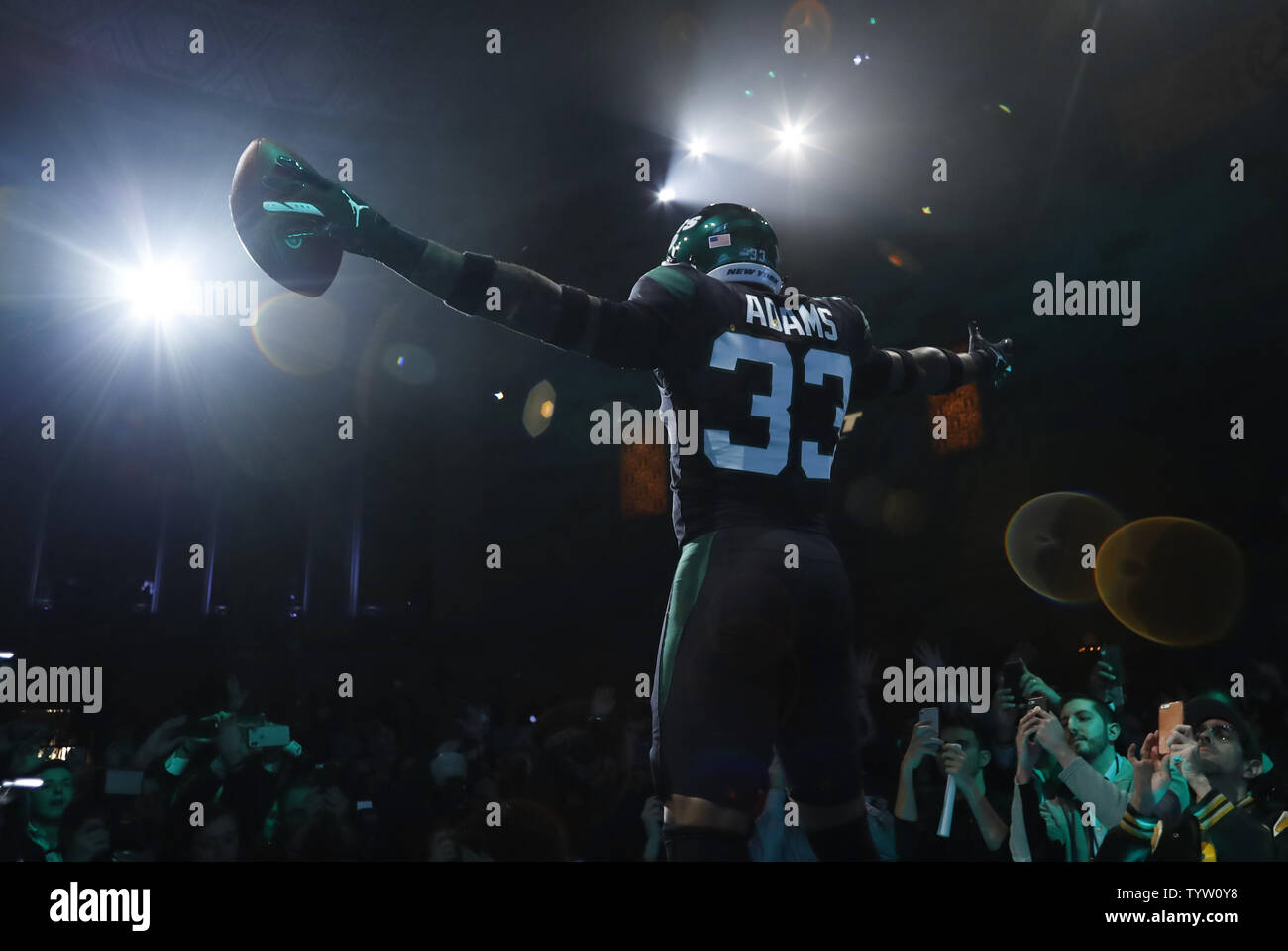 New York Jets Safety Jamal Adams (33) models the new Jets NFL football  uniforms when the New York Jets host a Uniform Launch Event at Gotham Hall  in New York City on