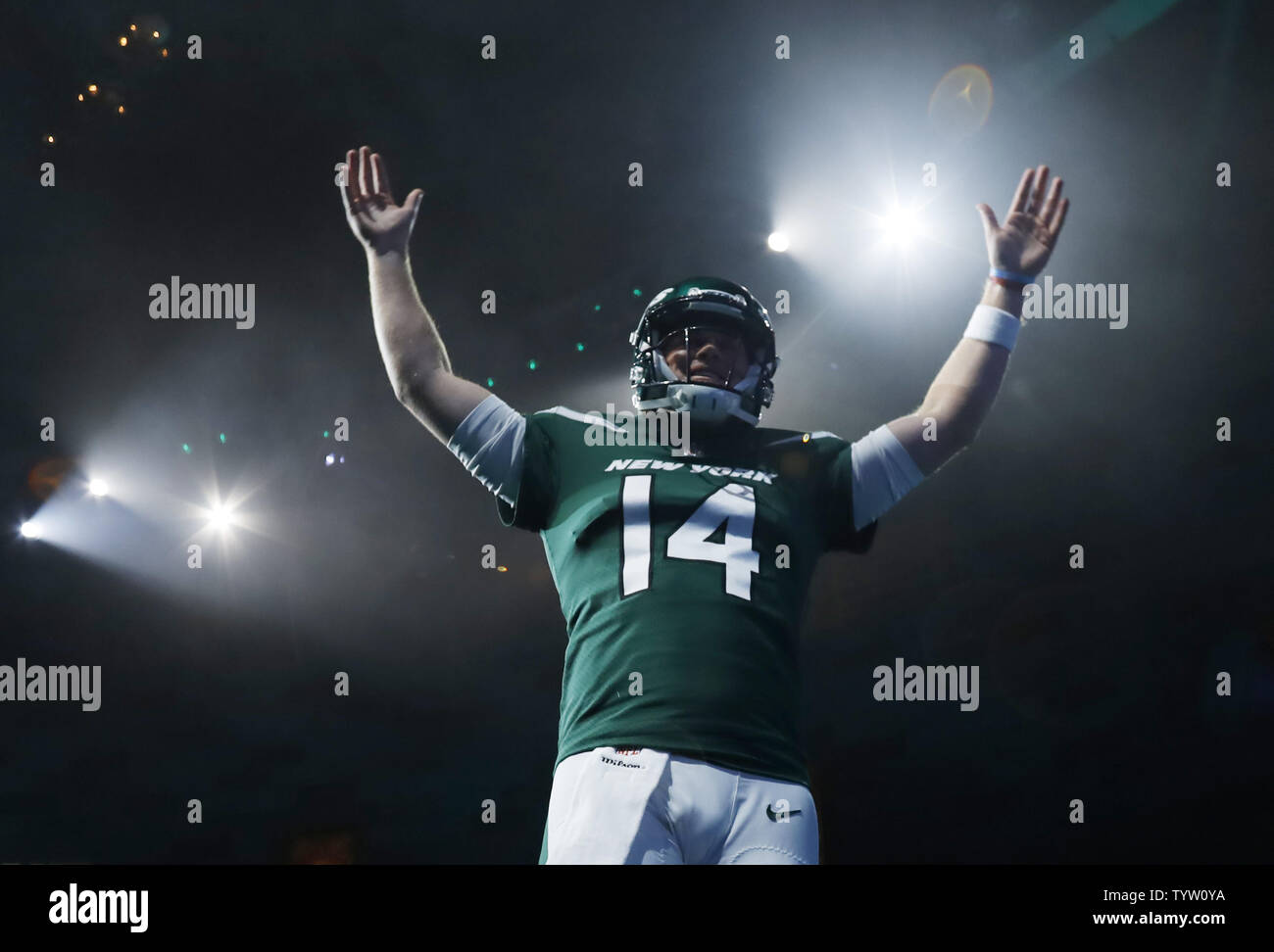 New York Jets quarterback Sam Darnold (14) models the new Jets NFL football uniforms when the New York Jets host a Uniform Launch Event at Gotham Hall in New York City on April 4, 2019. This is the first New York Jets overhaul of its uniforms since 1998.         Photo by John Angelillo/UPI Stock Photo