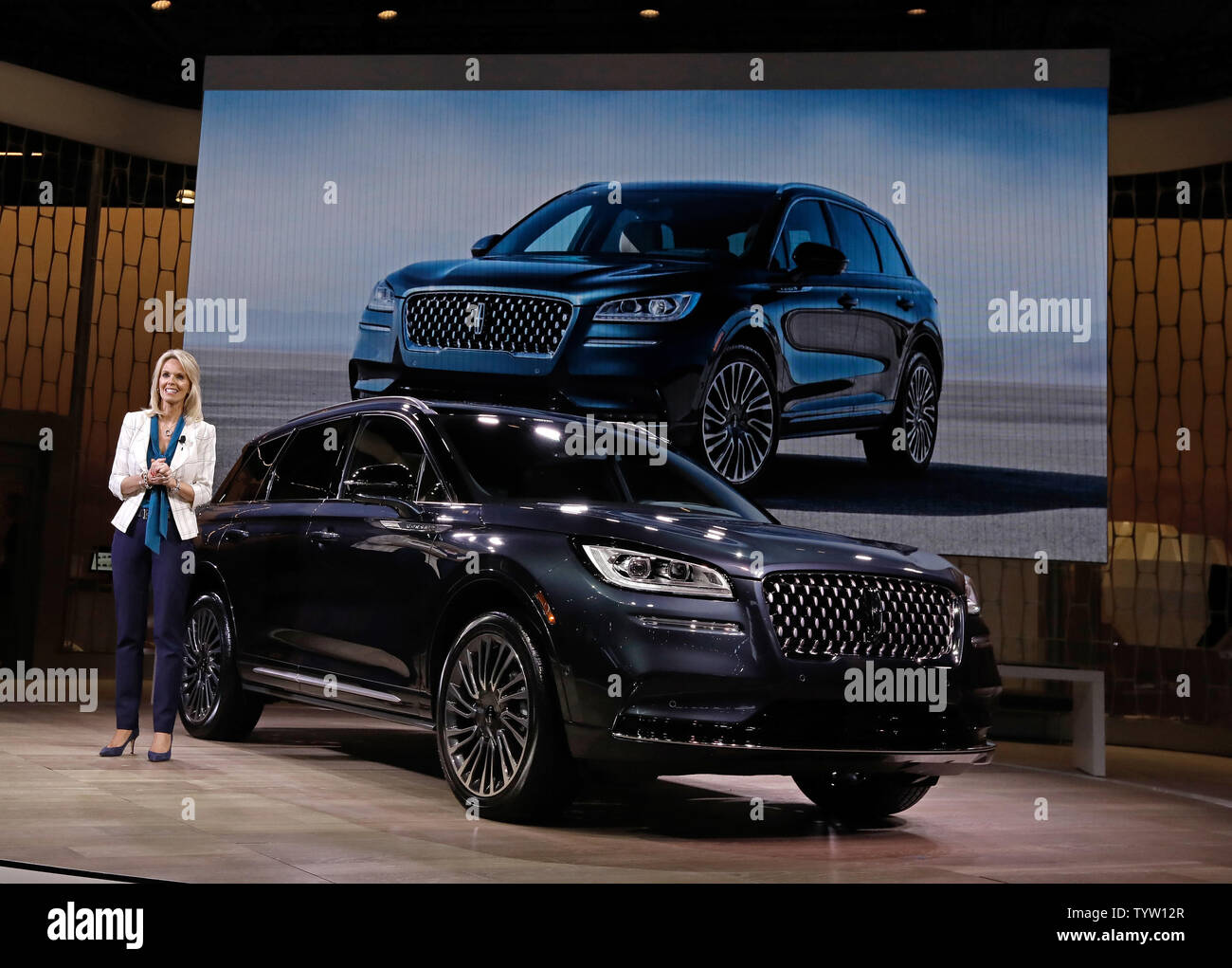 Joy Falotico, president of Lincoln Motor Company introduces the 2019 Lincoln Corsair SUV on display at the Lincoln presentation at the 2019 New York International Auto Show at the Jacob K. Javits Convention Center in New York City on April 17, 2019. The first New York Auto Show was held in 1900 and it was the first auto show ever held in North America. About 1 million visitors are expected to attend the show.      Photo by Peter Foley/UPI Stock Photo