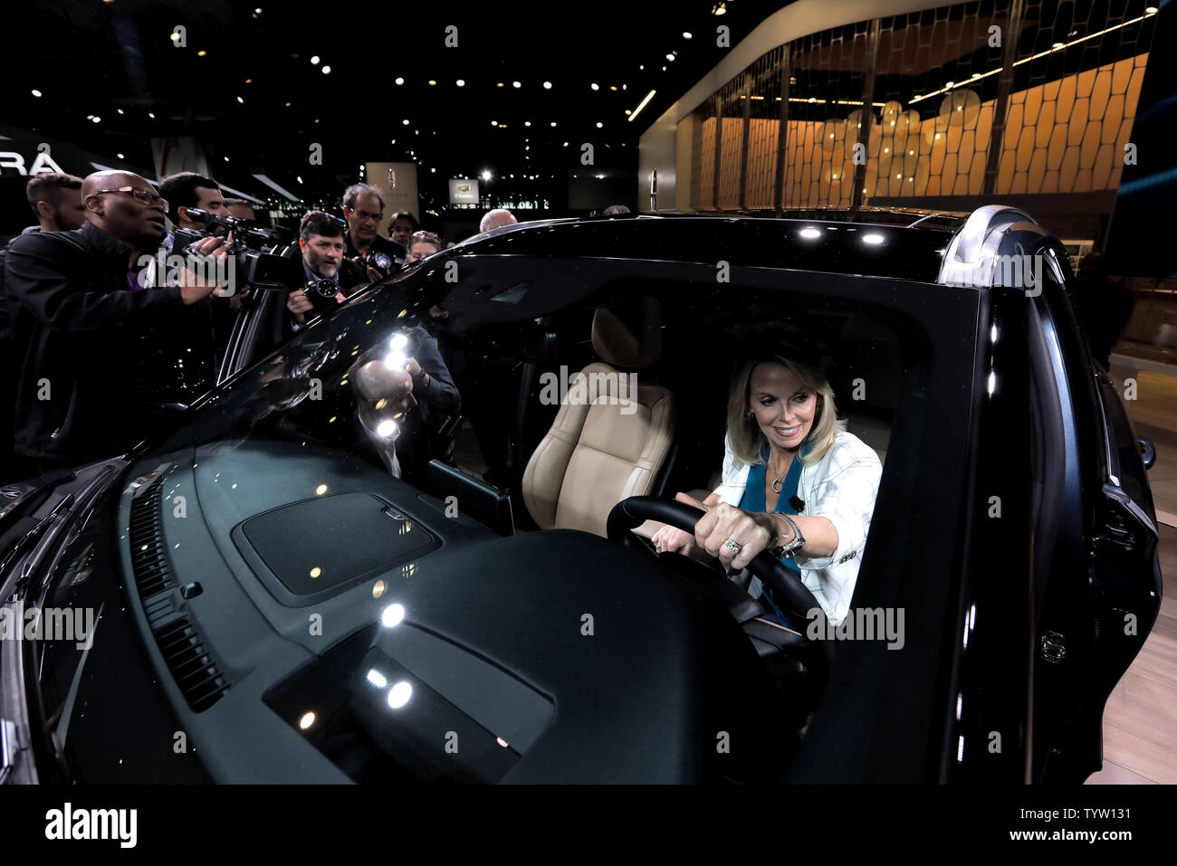 Joy Falotico, president of Lincoln Motor Company sits behind the wheel of  the 2019 Lincoln Corsair SUV on display at the Lincoln presentation at the 2019 New York International Auto Show at the Jacob K. Javits Convention Center in New York City on April 17, 2019. The first New York Auto Show was held in 1900 and it was the first auto show ever held in North America. About 1 million visitors are expected to attend the show.      Photo by Peter Foley/UPI Stock Photo