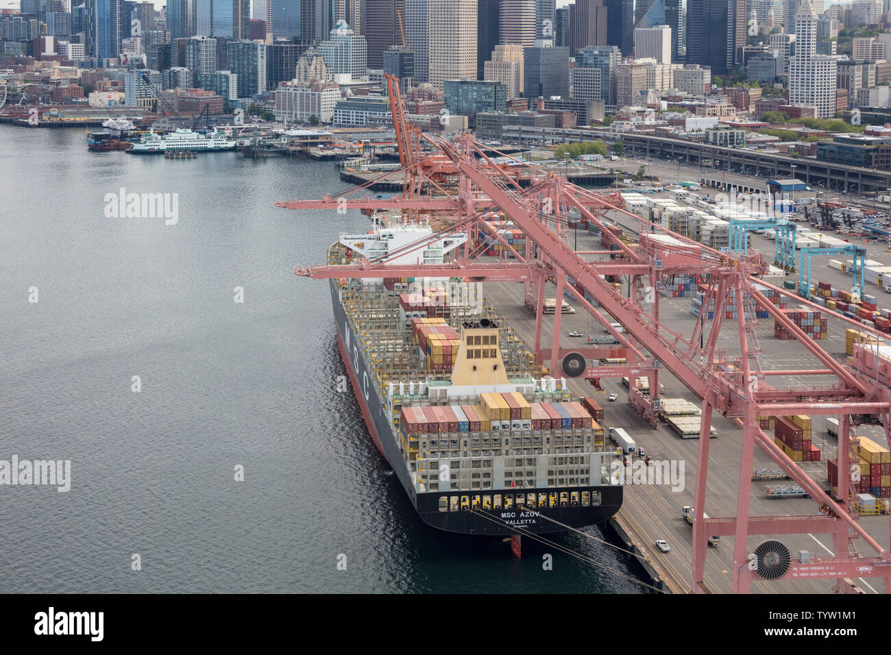 aerial view of container ship MSC Azov Valetta, Malta at industrial area of SoDo, Seattle, Washington State, USA Stock Photo