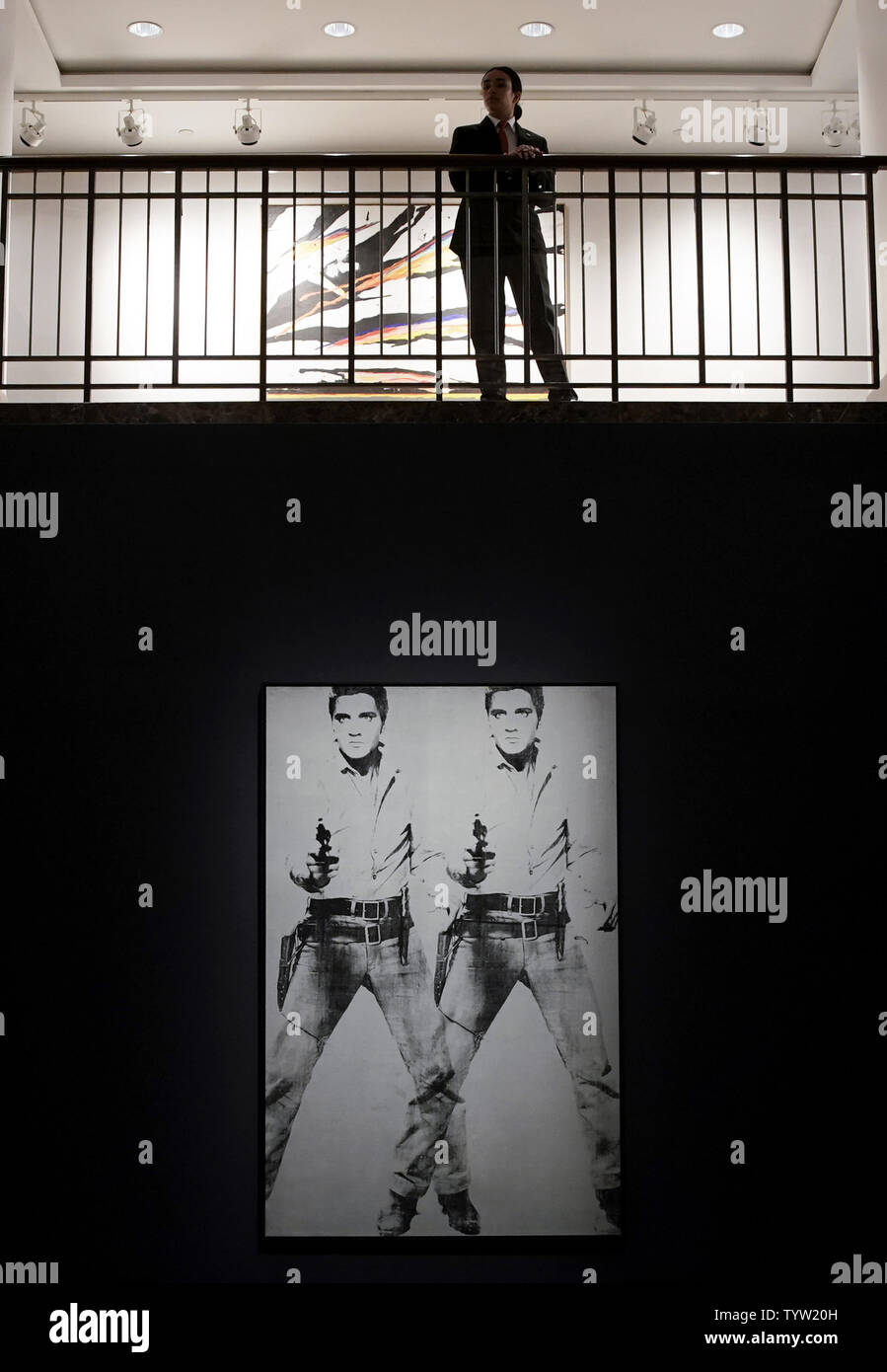 Double Elvis [Ferus Type], silkscreen ink and silver paint on linen, 1963 by Andy Warhol is on display at Christie's 20th Century Week press preview of its major May Auction Series on May 03, 2019 in New York City.   Photo by John Angelillo/UPI Stock Photo