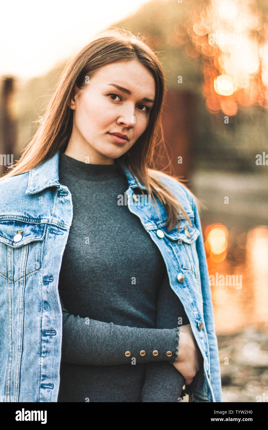 Portrait of the attractive slender beautiful young Caucasian