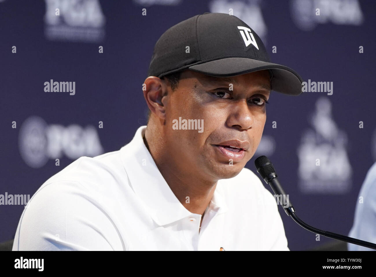 Tiger Woods speaks at a press conference at the PGA Championship at The