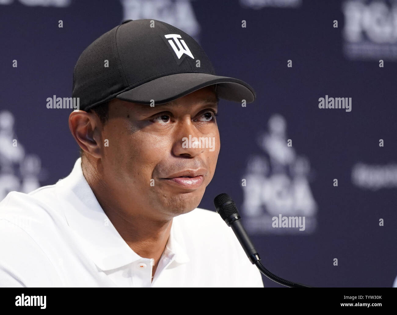 Tiger Woods speaks at a press conference at the PGA Championship at The