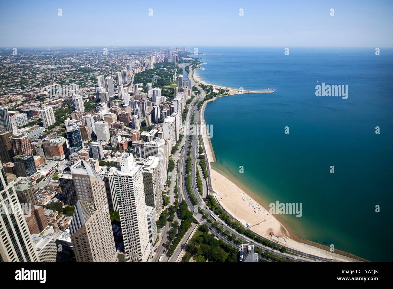 view from the 360 chicago observation deck the john hancock building along chicago north shore and lake michigan Chicago IL USA Stock Photo