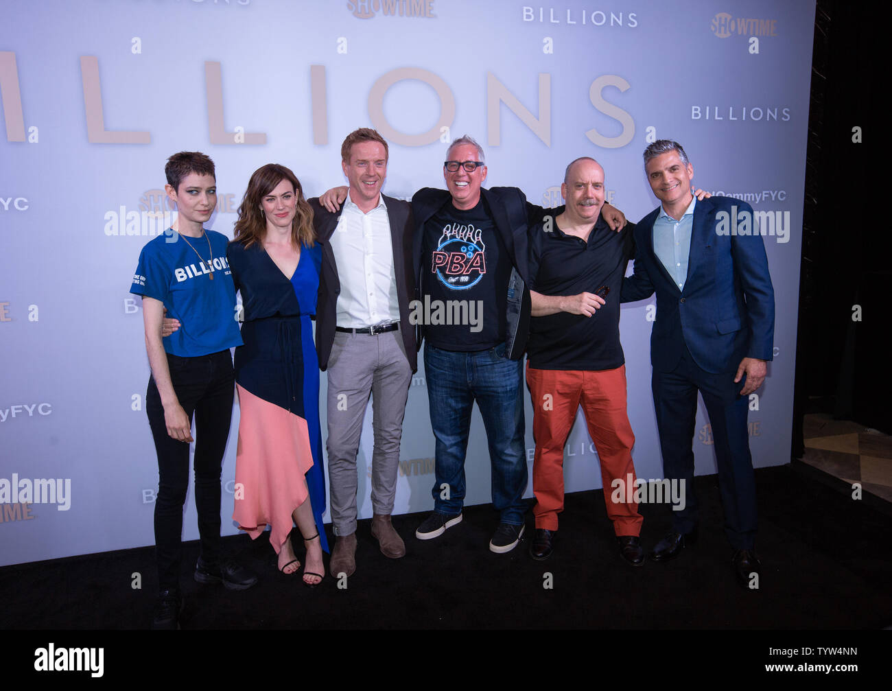 Asia Kate Dillon, Maggie Siff, Damian Lewis, Brian Koppelman, Paul Giamatti and David Levien arrive on the red carpet at the FYC Event for the Showtime Drama Series Billions on June 3, 2019 in New York City.   Photo by Serena Xu-Ning/UPI Stock Photo