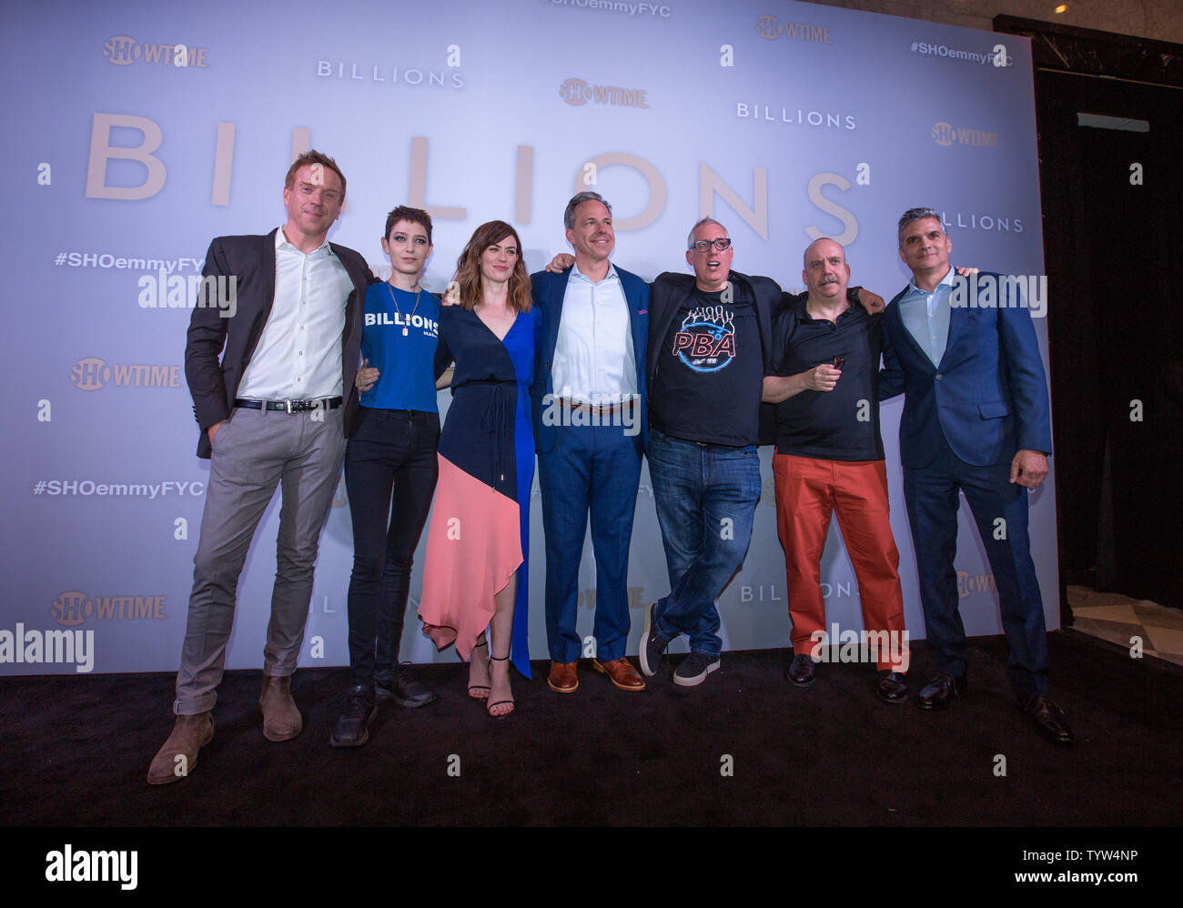Damian Lewis, Asia Kate Dillon, Maggie Siff, Jake Tapper, Brian Koppelman, Paul Giamatti and David Levien on the red carpet at the FYC Event for the Showtime Drama Series Billions on June 3, 2019 in New York City.   Photo by Serena Xu-Ning/UPI Stock Photo