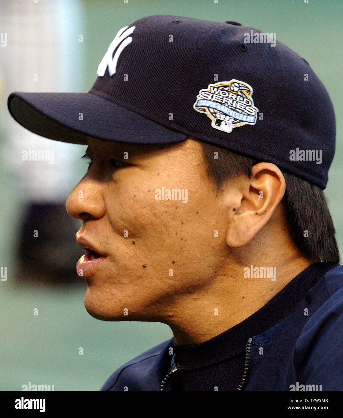 The New York Yankees' Hideki Matsui sports a World Series hat before Game 2 of the World Series against the Florida Marlins on October 19, 2003, at Yankee Stadium. The Marlins defeated the Yankees 3-2 in Game 1.    (UPI/Roger L. Wollenberg) Stock Photo
