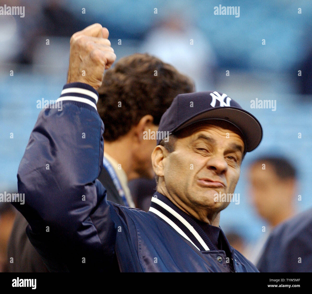 New York Yankees manager Joe Torre jokes around with reporters before Game 2 of the World Series against the Florida Marlins on October 19, 2003, at Yankee Stadium. The Marlins defeated the Yankees 3-2 in Game 1.    (UPI/Roger L. Wollenberg) Stock Photo