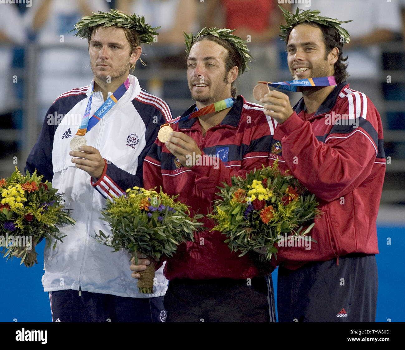 Mardy Fish (Left) of the USA (silver), Nicholas Massu of Chile (gold