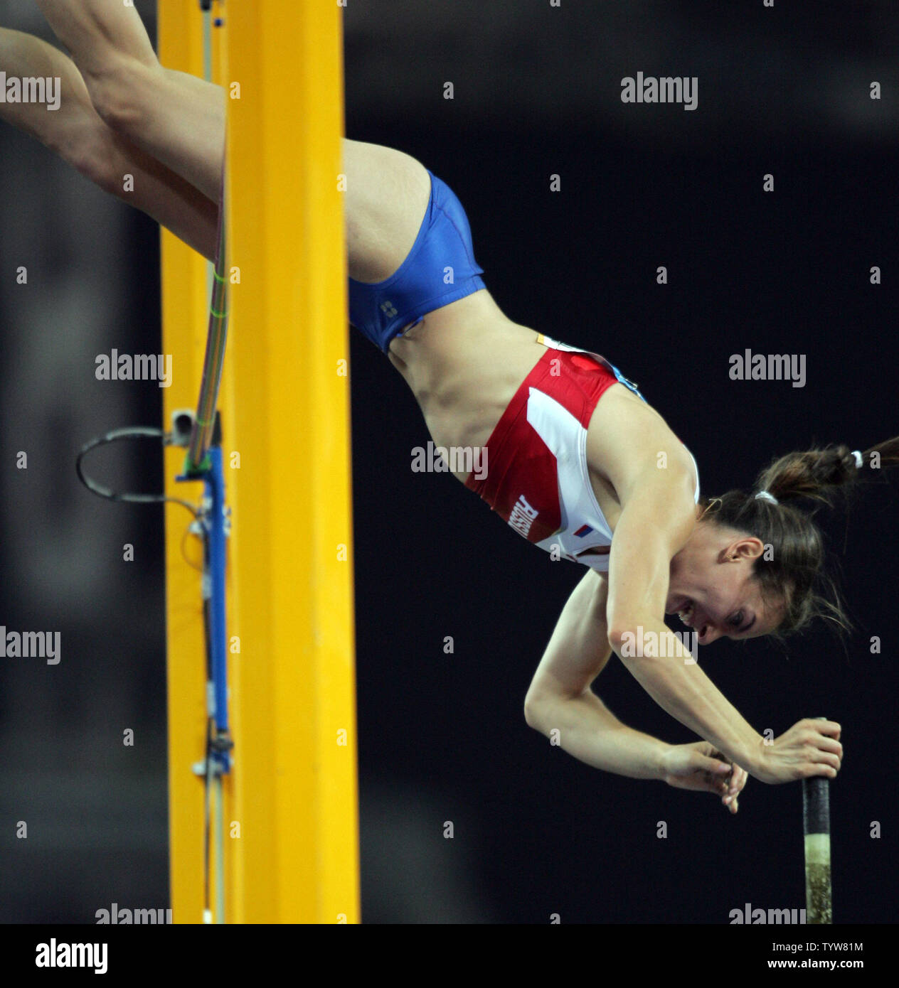 Russian pole vaulter Yelena Isinbayeva clears the bar at 4.91 metres to