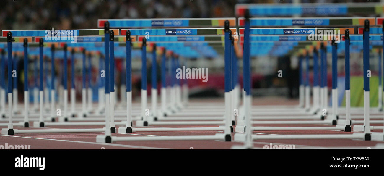 Hurdles await the start of the Olympic 110meter hurdles final at the Athens Olympic Stadium on