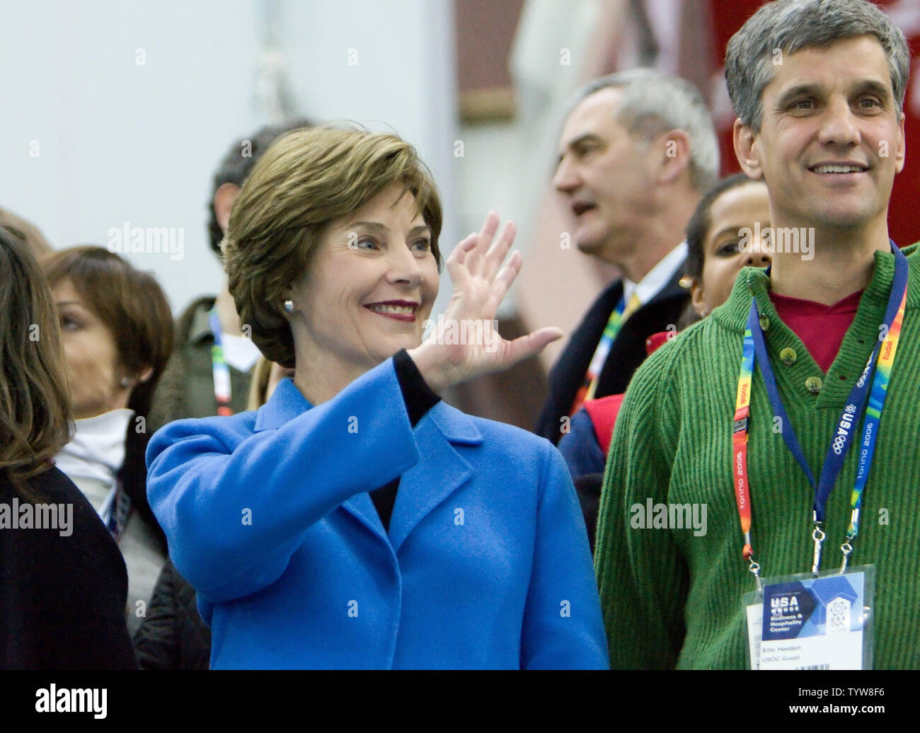 Laura Bush with Eric Heiden, attends the men's 5000m speed skating at Oval Lingotto during the 2006 Torino Winter Olympic Games, February 11, 2006, where Chad Hedrick of the USA won gold.  (UPI Photo/Heinz Ruckemann) Stock Photo