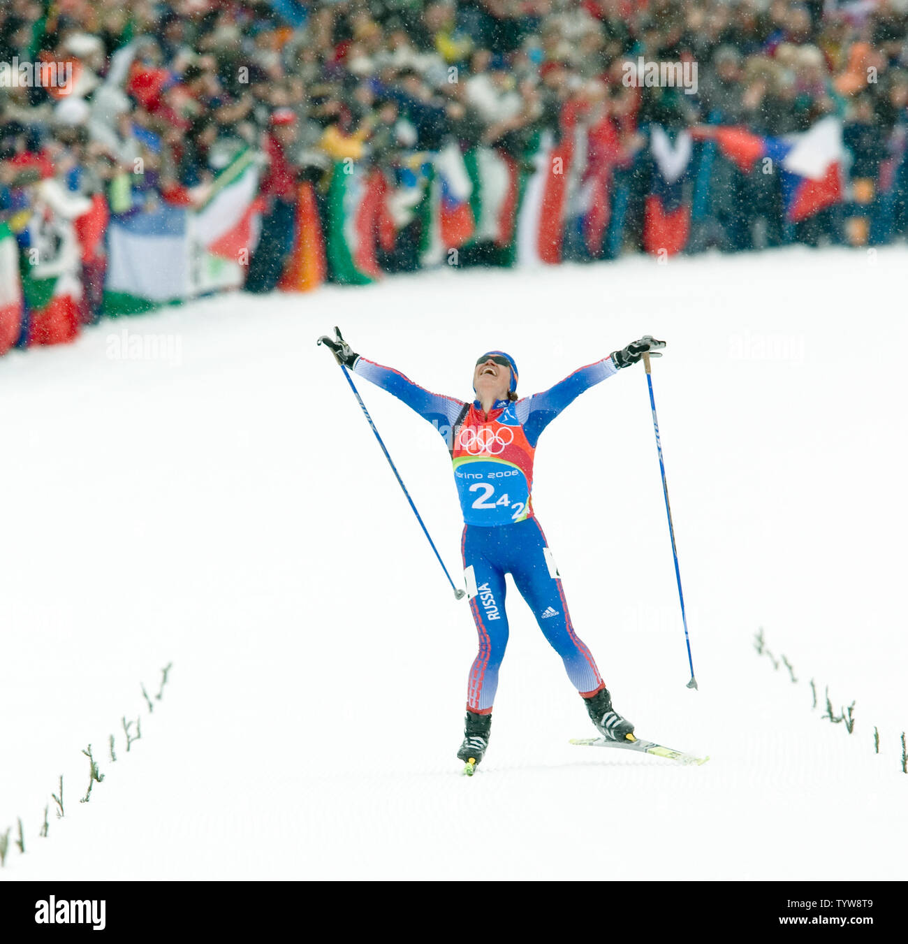 Russia's Evgenia MedvedevaAbruzova nears the finish, anchoring her