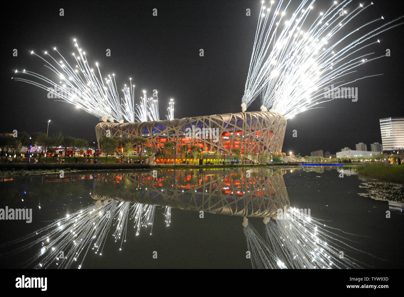 Fireworks explode over the National Stadium, called the Bird's Nest,  during the dress rehearsal for the 2008 Olympics in Beijing on August 2, 2008.  The official opening ceremony for the Summer Games is August 8, 2008.   (UPI Photo/Pat Benic) Stock Photo