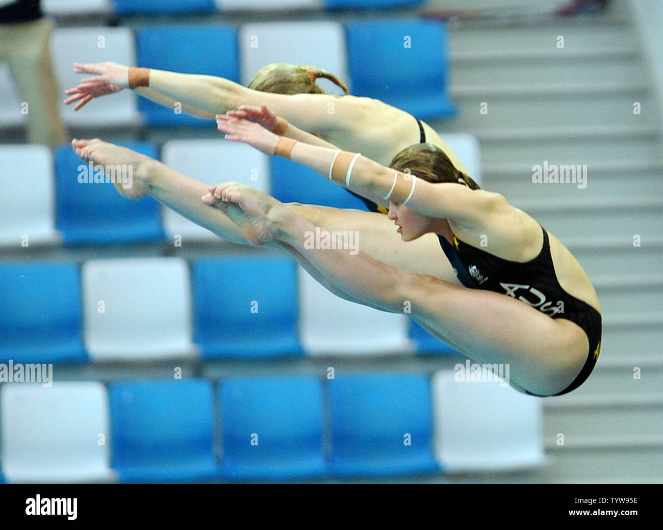 Australian 10 Meter Synchronized Diving Competitors Melissa Wu Front And Briony Cole Practice Their Routine For The Summer Olympics At The National Aquatics Center Water Cube In Beijing China On August 5