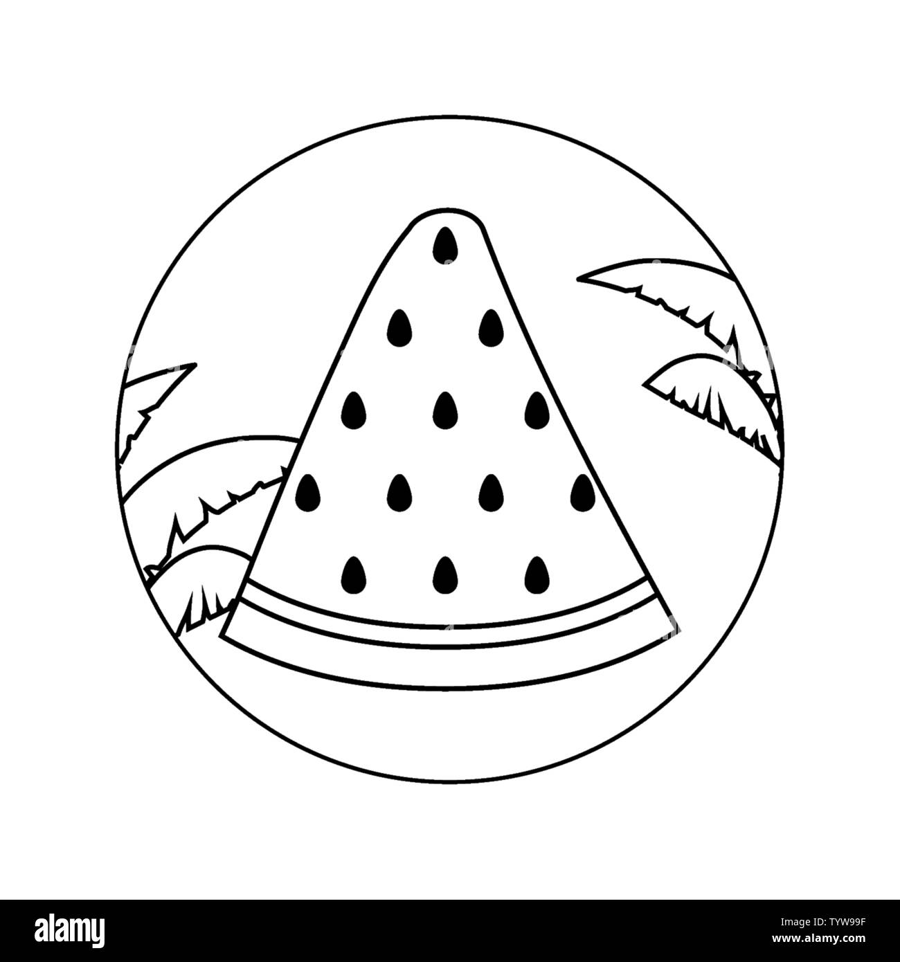 Slice Of Watermelon In Frame Circular With Leafs Tropicals Vector