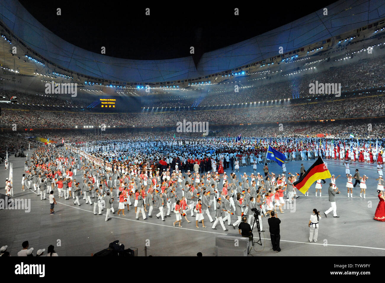 The German team marches into the National Stadium, called the Bird's Nest, during the Opening Ceremony of the 2008 Summer Olympics in Beijing on August 8, 2008.   The Summer Games will run through August 24, 2008.   (UPI Photo/Pat Benic)  REPEAT Stock Photo