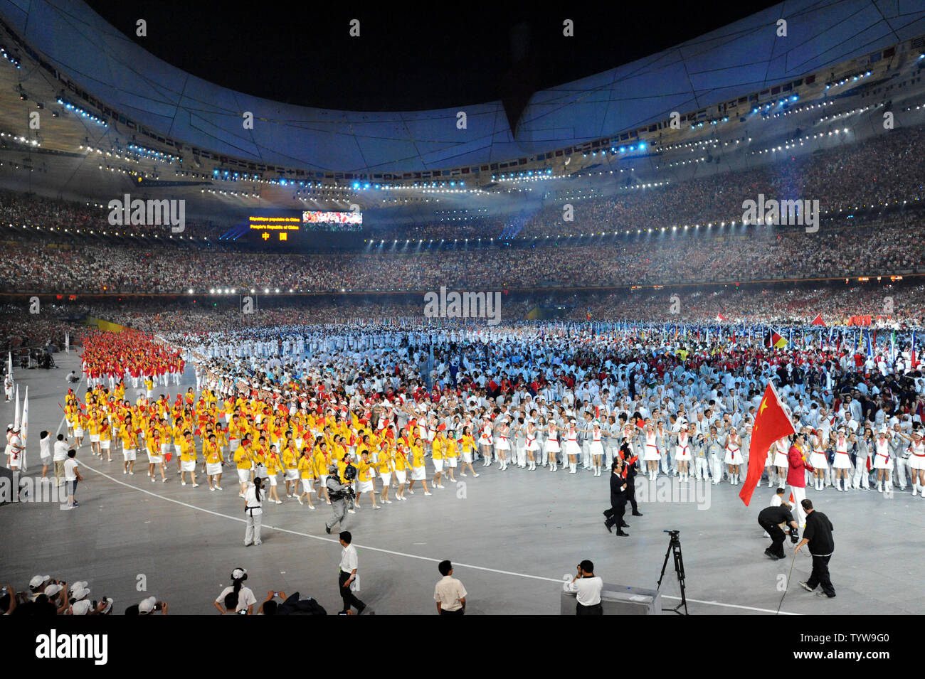 The Chinese team marches into the National Stadium, called the Bird's Nest, during the Opening Ceremony of the 2008 Summer Olympics in Beijing on August 8, 2008.   The Summer Games will run through August 24, 2008.   (UPI Photo/Pat Benic)   REPEAT Stock Photo