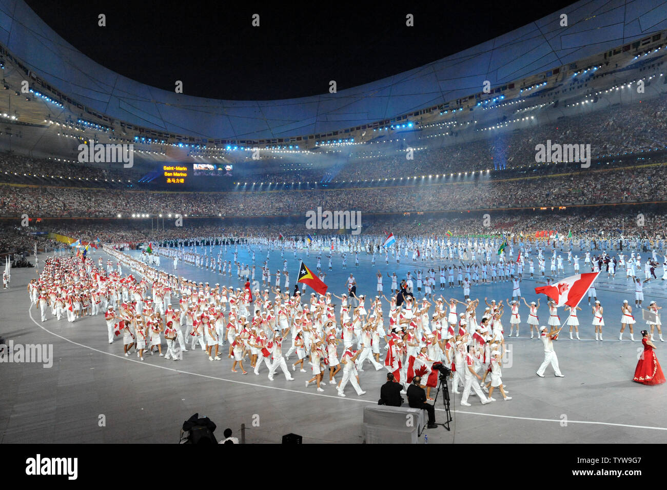 The Canadian team marches into the National Stadium, called the Bird's Nest, during the Opening Ceremony of the 2008 Summer Olympics in Beijing on August 8, 2008.   The Summer Games will run through August 24, 2008.   (UPI Photo/Pat Benic)   REPEAT Stock Photo