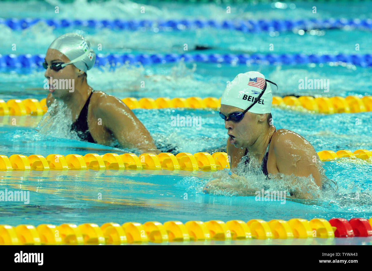 USA's Elizabeth Beisel (R) competes against Italy's Alessia Filippi in the Women's 400M individual medley at the National Aquatic Center (Water Cube) during the 2008 Summer Olympics in Beijing, China, on August 9, 2008. Beisel qualified first with a time of 4:34.55 and Filippi third at 4:35.11.    (UPI Photo/Roger L. Wollenberg) Stock Photo