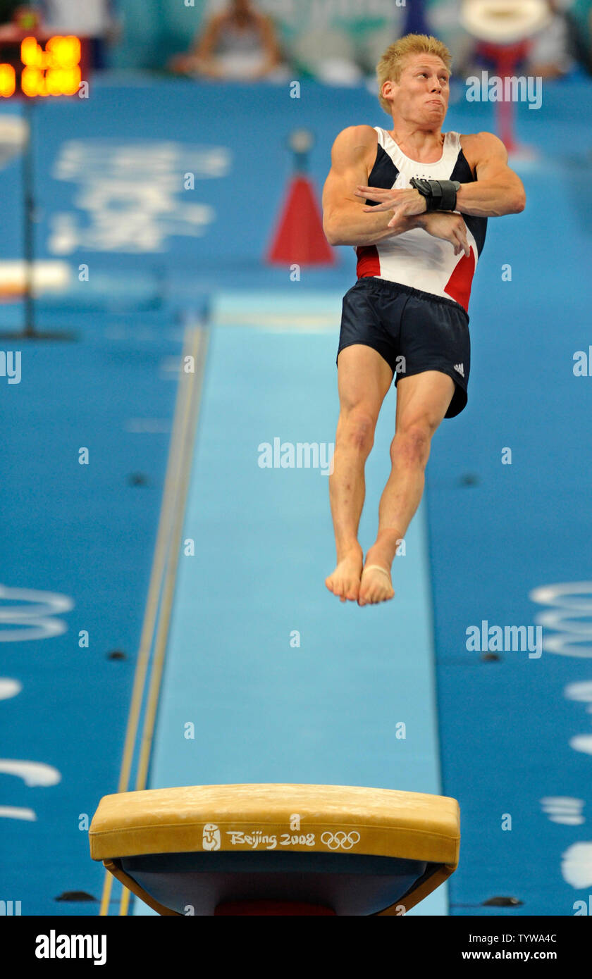 American gymnast Justin Spring is airborne during his vault exercise