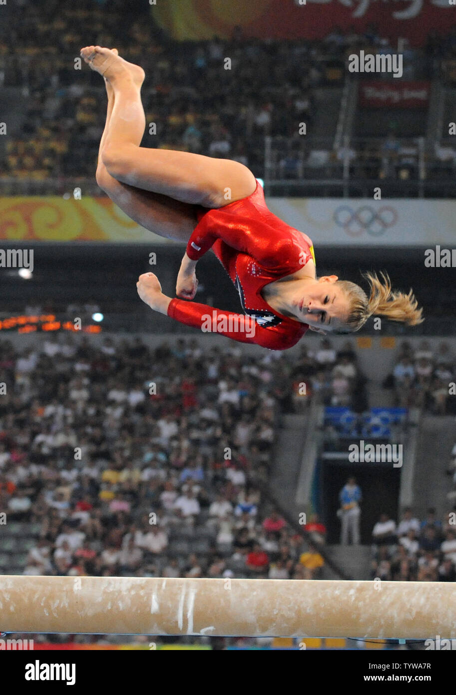 USA's star gymnast Shawn Johnson flips in the air during her routine on