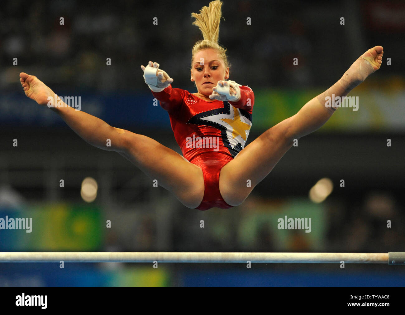 American gymnast Samantha Peszek goes through her routine on the uneven  bars during women's gymnastics qualification at the National Indoor  Stadium, August 10, 2008, at the Summer Olympics in Beijing, China. The
