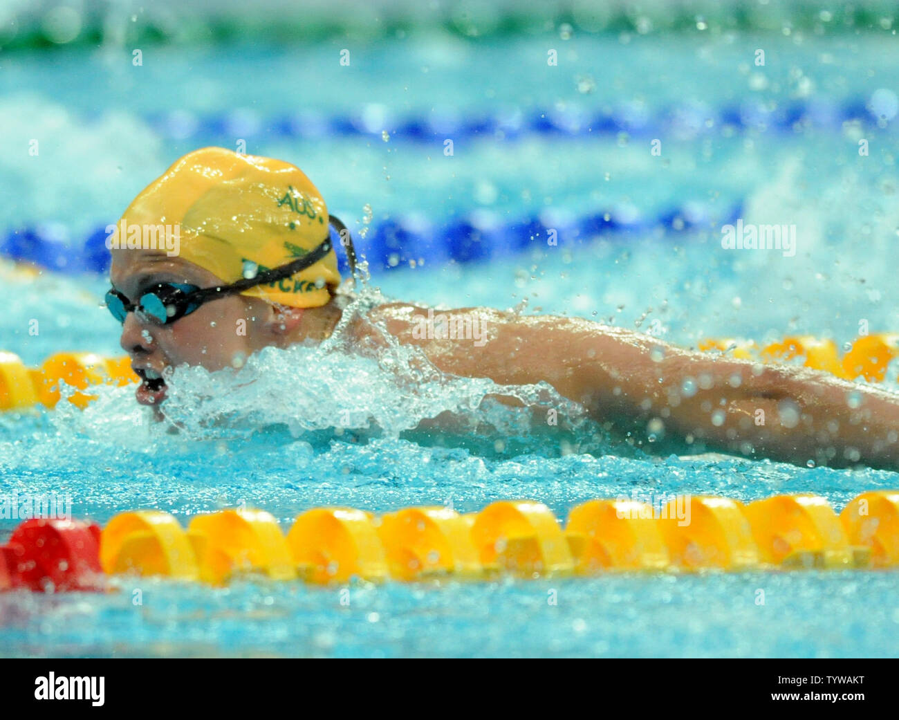 Australia's Lisbeth Trickett glides through the water to win the gold in the Women's 100M Butterfly final at the National Aquatics Center at the Summer Olympics in Beijing on August 11, 2008.      (UPI Photo/Pat Benic) Stock Photo