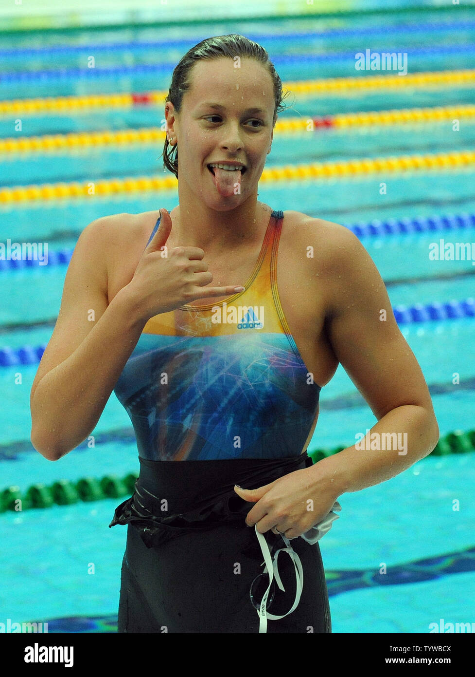 Italy's Federica Pellegrini celebrates her world record time of 1:54.82 in  the Women's 200M Freestyle which earned her gold at the National Aquatic  Center (Water Cube) during the 2008 Summer Olympics in