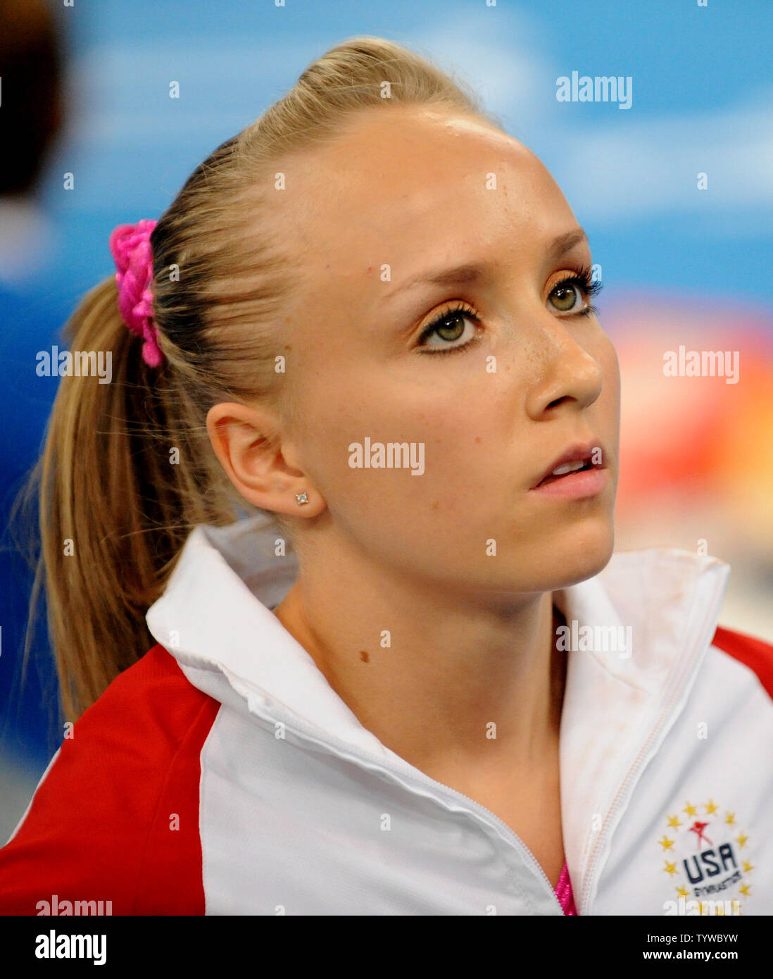 USA's Nastia Liukin is a study of concentration before her performance on the  Balance Beam in the Women's Individual All-Around Gymnastics Final at the National Indoor Stadium at the Summer Olympics in Beijing on August 15, 2008.  Liukin finished first ahead of her teammate Shawn Johnson.  Liukin was born in 1989 in Moscow in the former Soviet Union, now Russia.   (UPI Photo/Pat Benic) Stock Photo