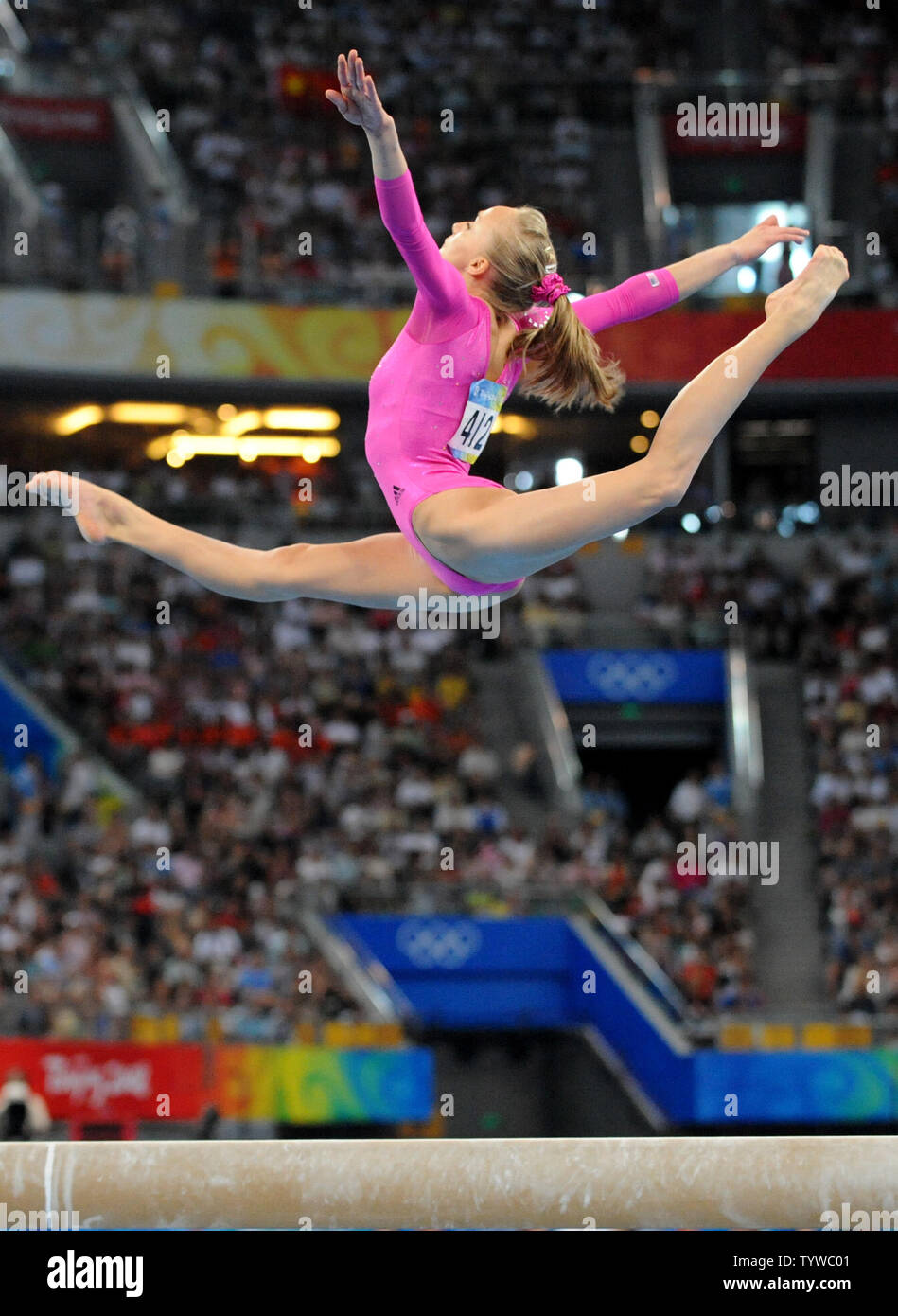 USA's Nastia Liukin soars high above the Balance Beam during her performance in the Women's Individual All-Around Gymnastics Final at the National Indoor Stadium at the Summer Olympics in Beijing on August 15, 2008.  Liukin got the gold medal as she finished first ahead of her teammate Shawn Johnson.  Liukin was born in 1989 in Moscow in the former Soviet Union, now Russia.    (UPI Photo/Pat Benic) Stock Photo