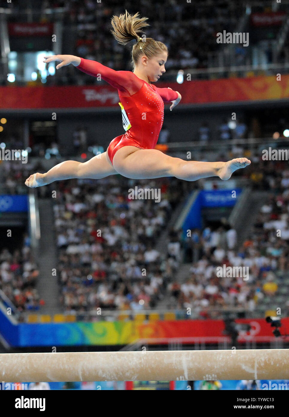 USA's Shawn Johnson performs on the Balance Beam of the Women's Individual All-Around Gymnastics Final at the National Indoor Stadium at the Summer Olympics in Beijing on August 15, 2008.  Johnson won the silver medal and teammate Nastia Liukin won the gold.  (UPI Photo/Pat Benic) Stock Photo