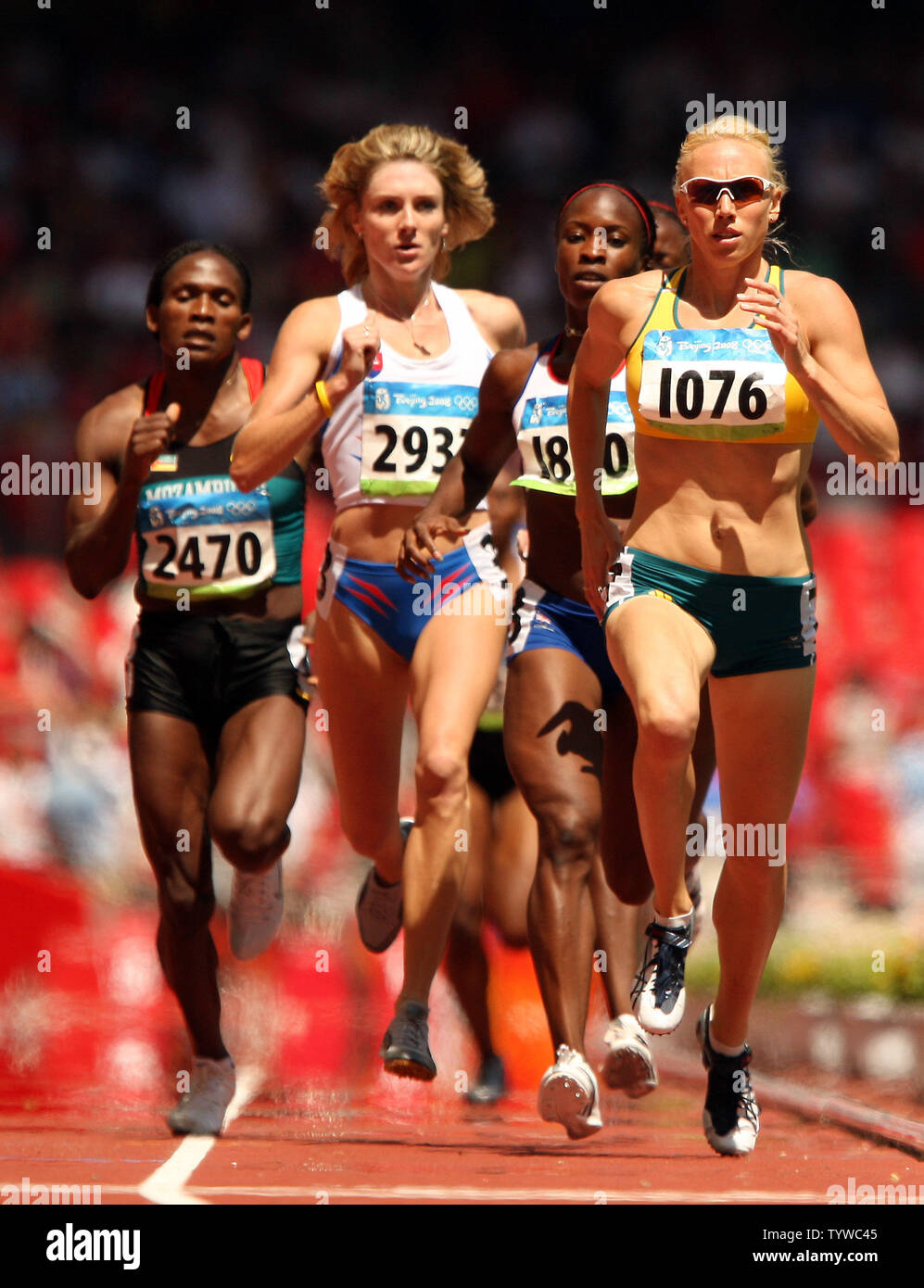 (R-L)  Australia's Tamsyn Lewis leads Britain's Marilyn Okoro, Slovakia's Lucia Klocova and Mozambique's Maria Mutola after the first lap in the Olympic women's 800m round one heats in Beijing August 15, 2008.  Mutola won the heat with a time of 1:58.91.  (UPI Photo/Stephen Shaver) Stock Photo
