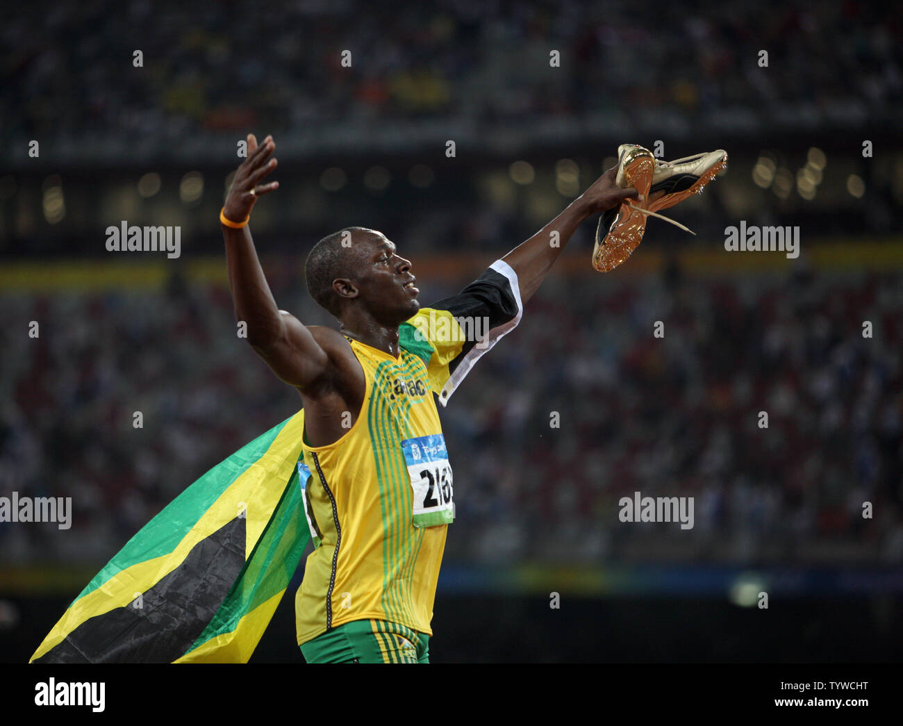 Jamaica's Usain Bolt  celebrates after setting a world record time of 9.69 in the Men's 100m at the 2008 Olympics in Beijing on August 16, 2008.    (UPI Photo/Terry Schmitt) Stock Photo