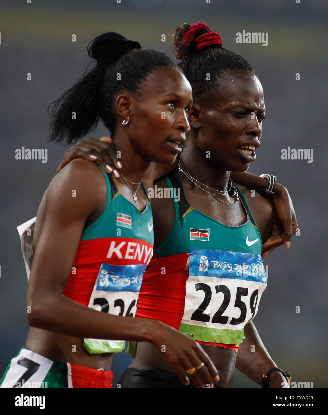 Keyna's Pamela Jelimo (2259) and Janeth Jepkosgei Busienei (2267) lead the pack in the finals of the women's 800m at the Summer Olympics in Beijing on August 18, 2008. Jelimo took the gold with a time of 1:54.87 and Busienei the silver at 1:56.07.   (UPI Photo/Terry Schmitt) Stock Photo