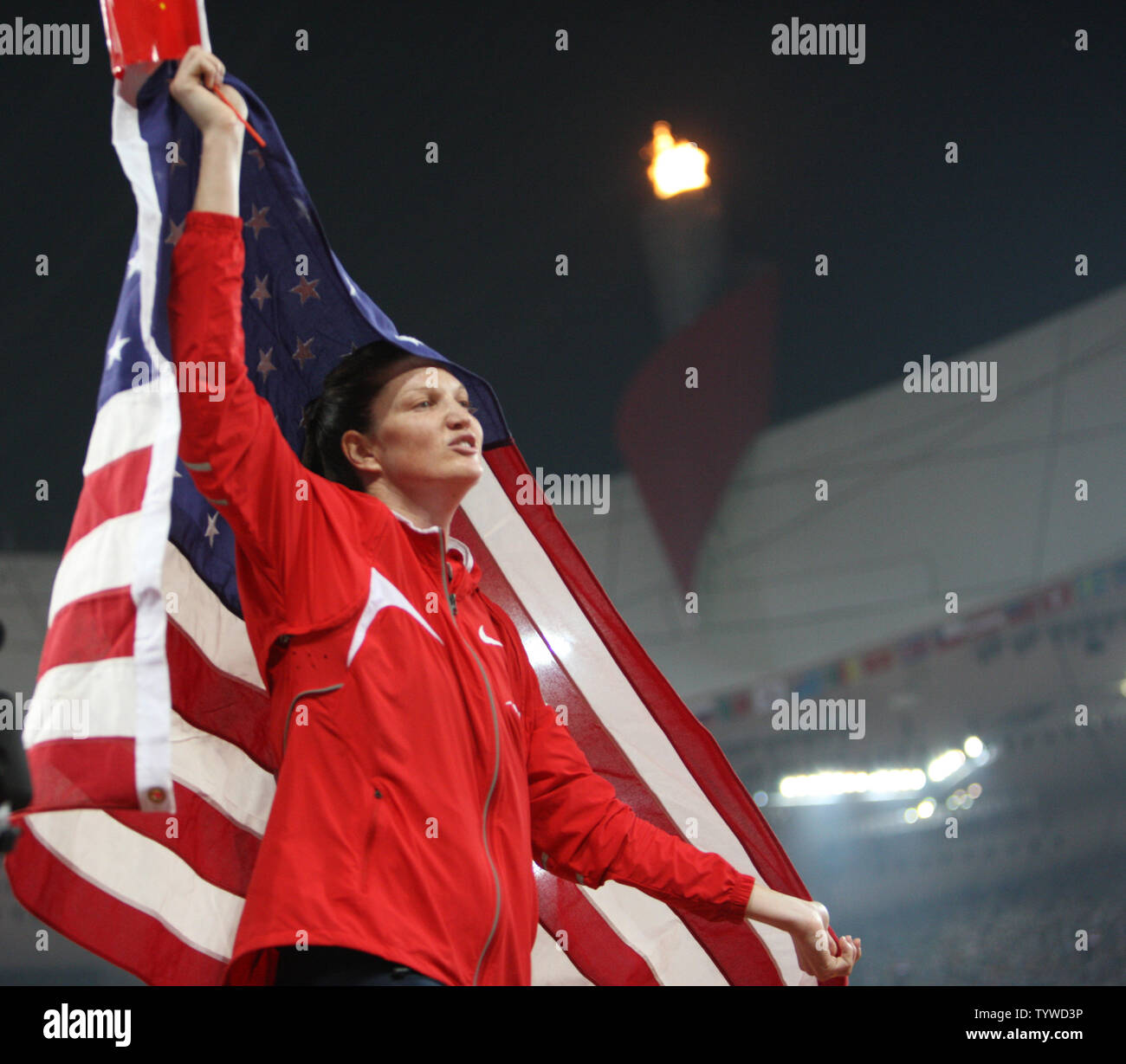 Stephanie Brown Trafton of the U.S. celebrates winning the women's discus throw athletics final at the National Stadium at the Summer Olympics in Beijing on August 18, 2008.  (UPI Photo/Terry Schmitt) Stock Photo