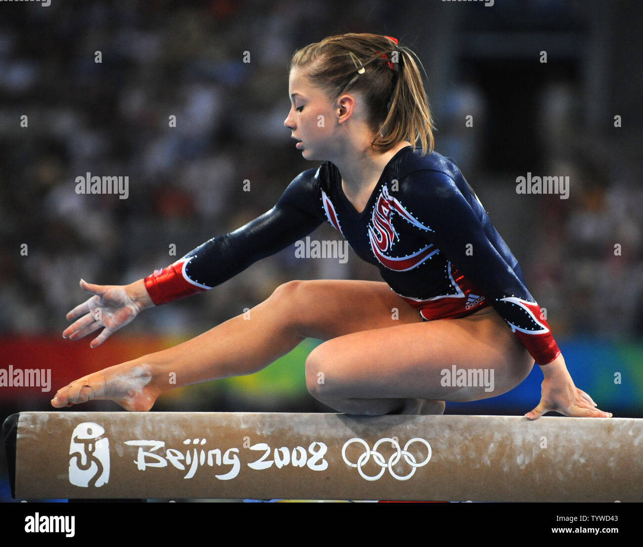 USA's Shawn Johnson performs on the beam during the Women's Beam Final