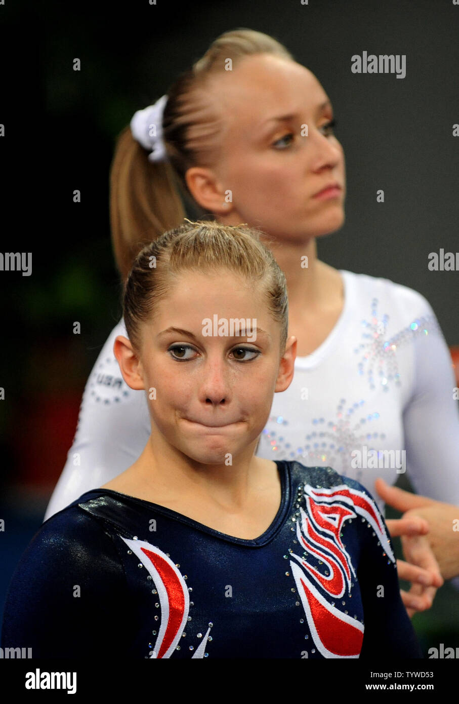 USA's gold medalist Shawn Johnson (front) and silver medalist Nastia Liukin wait to enter the arena to accept their medal for their performances on the beam during the Women's Beam Final in the apparatus finals at the National Indoor Gymnastics Stadium at the Summer Olympics in Beijing on August 19, 2008.   (UPI Photo/Pat Benic) Stock Photo