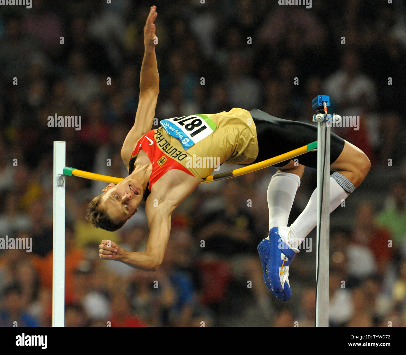 Germany's Raul-Roland Spank misses the 2.36 meter mark, finishing in fifth  place in the Men's High Jump at the National Stadium (Bird's Nest) during  the 2008 Summer Olympics in Beijing on August