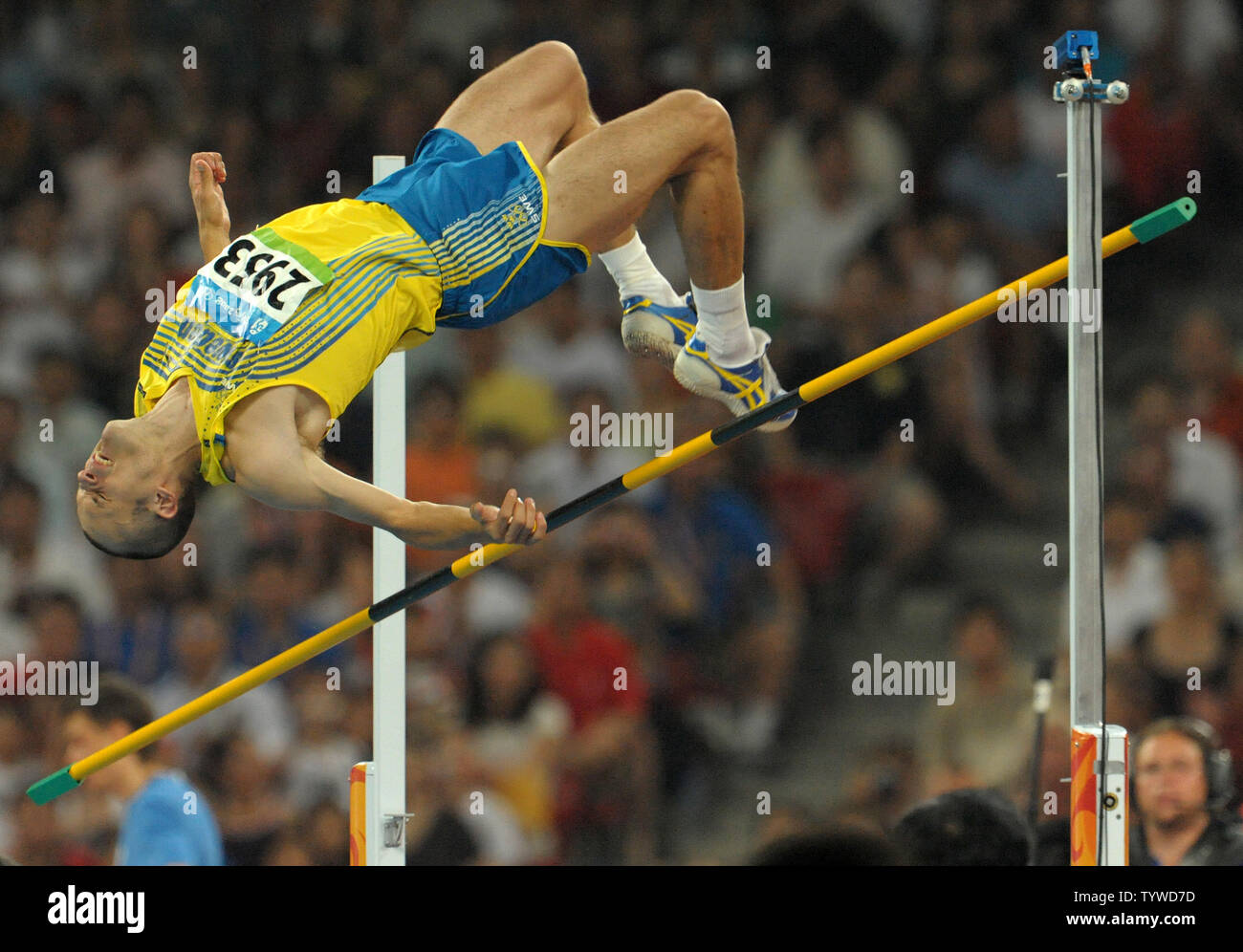Sweden's Stefan Holm misses the mark during the Men's High Jump at the  National Stadium (Bird's Nest) during the 2008 Summer Olympics in Beijing  on August 19, 2008. Holm placed fourth. (UPI