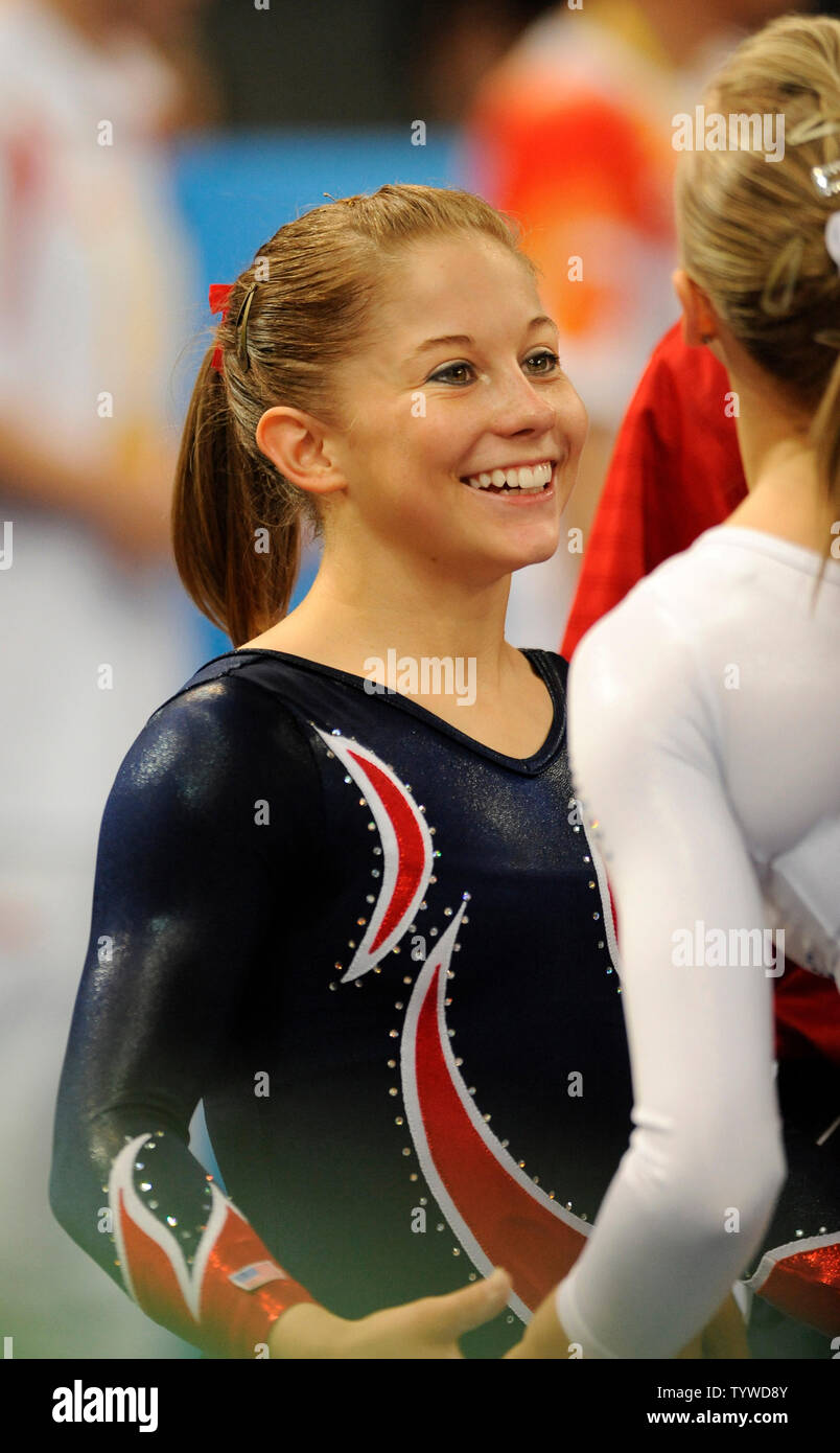American gymnast Shawn Johnson smiles at teammate Nastia Liukin after