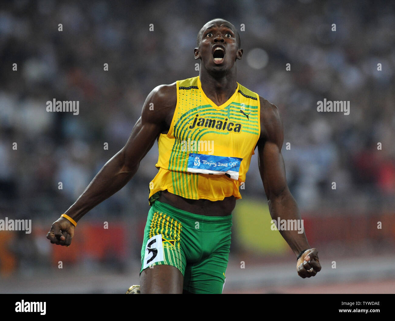 Jamaica's Usain Bolt jubilates as he crosses the finish line and sees that he has won the gold medal and broken the world's record in the Men's 200 meter race at the National Stadium at the Summer Olympics in Beijing on August 20, 2008. Bolt set a new world record of 19.30. seconds, breaking USA's Michael Johnson's record of 19.32 set in 1996.   (UPI Photo/Pat Benic) Stock Photo