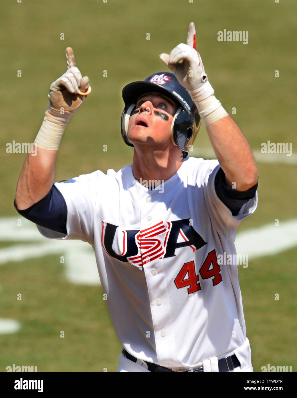 Usa S Matt Laporta Points To The Sky After Hitting A Homerun Against Japan To Even The Score At 1 1 In 2nd Inning Action At Wukesong Baseball Field August 23 08 At The