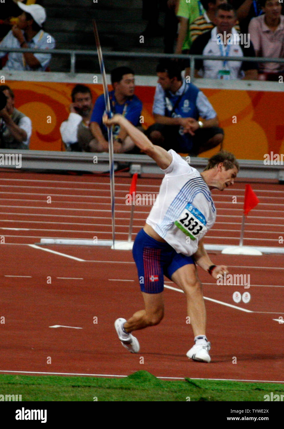 Andreas Thorkildsen of Norway throws a javelin on his way to winning gold in the men's javelin throw in the National Stadium at the Summer Olympics in Beijing on August 23, 2008.    (UPI Photo/Terry Schmitt) Stock Photo