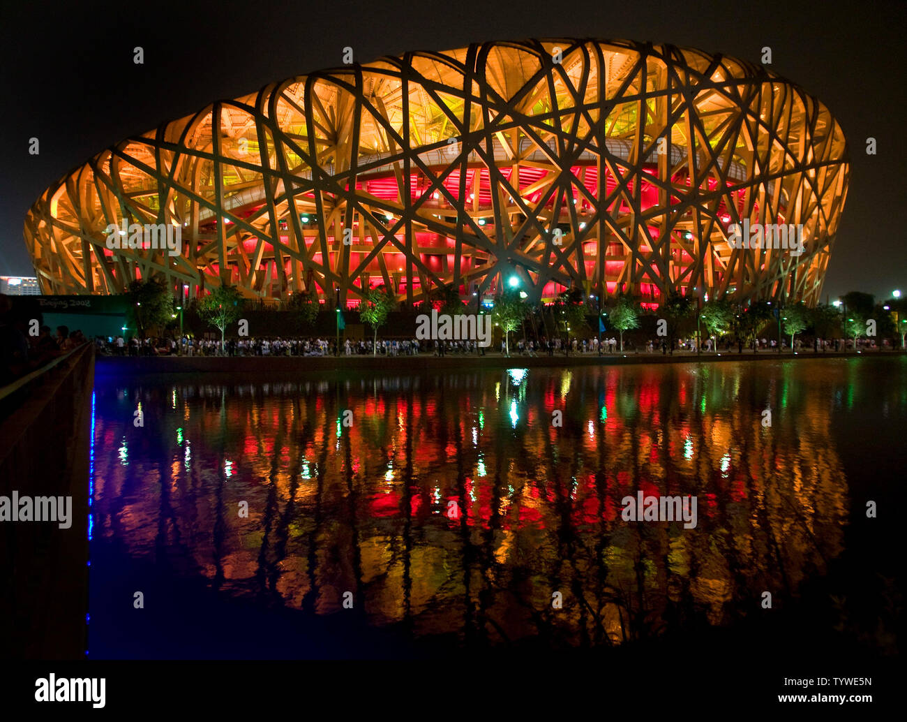 General view of the National Stadium, or Bird's Nest, during the closing ceremony for the 2008 Beijing Olympic Games August 24, 2008.  International Olympic Committee (IOC) chief Jacques Rogge declared the Beijing Olympics officially closed, bringing down the curtain on a glittering 16-day long sports extravaganza.  (UPI Photo/Stephen Shaver) Stock Photo