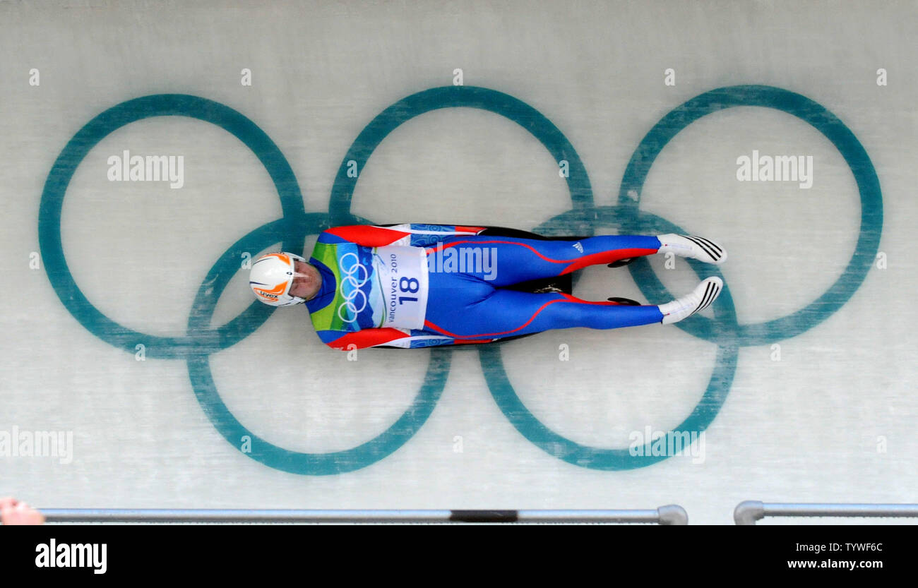 Russia's Stepan Fedorov races down the Luge track at the Whistler Sliding Center during the Men's Luge event at the Winter Olympics in Whistler, Canada on February 14, 2010. Fedorov finished 19th as Germany's Felix Loch won the gold.    UPI/Pat Benic Stock Photo
