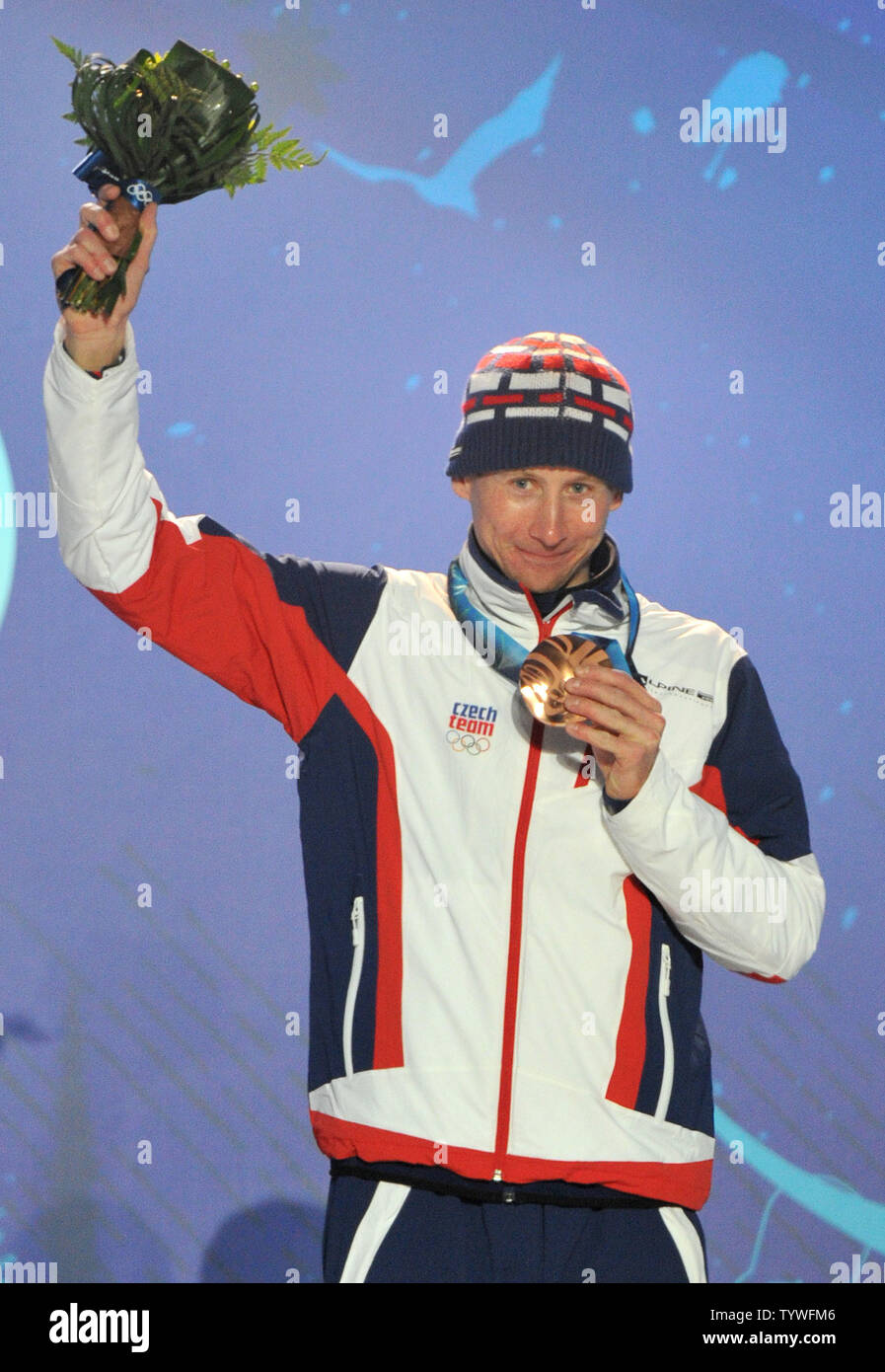 bronze medalist Czech Republic's Lukas Bauer celebrates during the victory ceremony for the Men's Cross-Country Skiing 15 km Free competition at the 2010 Vancouver Winter Olympics, at Whistler Creekside in Whistler, Canada, February 15, 2010.  UPI/Kevin Dietsch Stock Photo